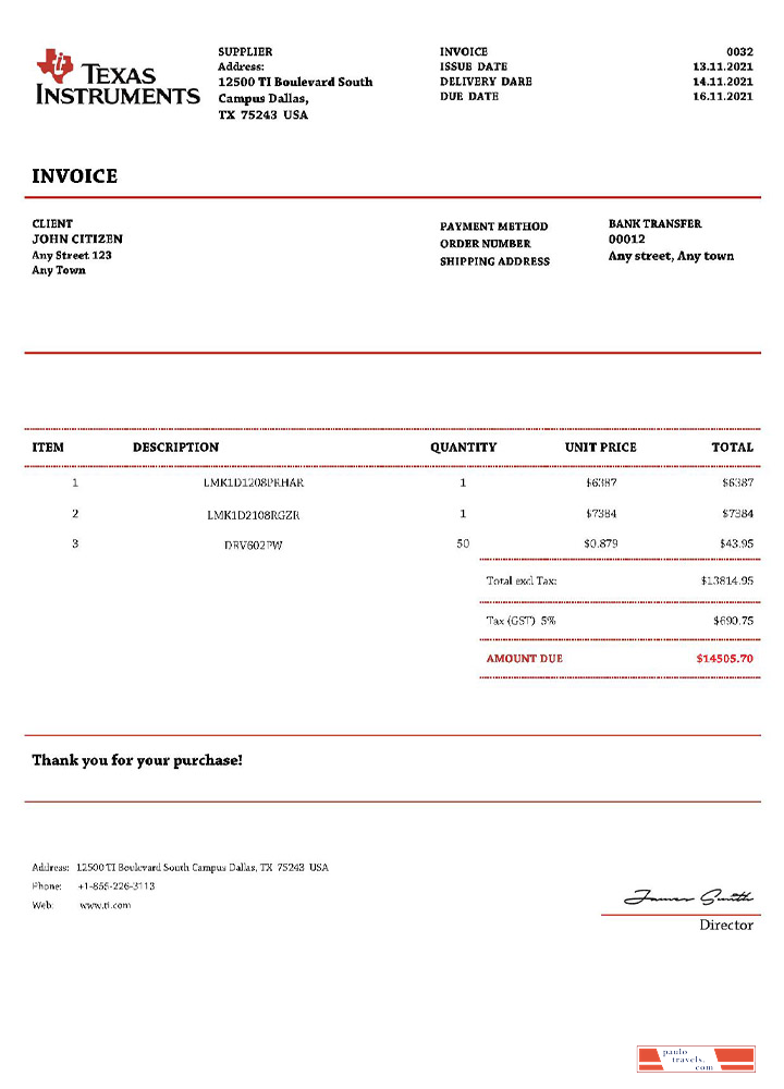 USA Texas Instruments invoice PSD template
